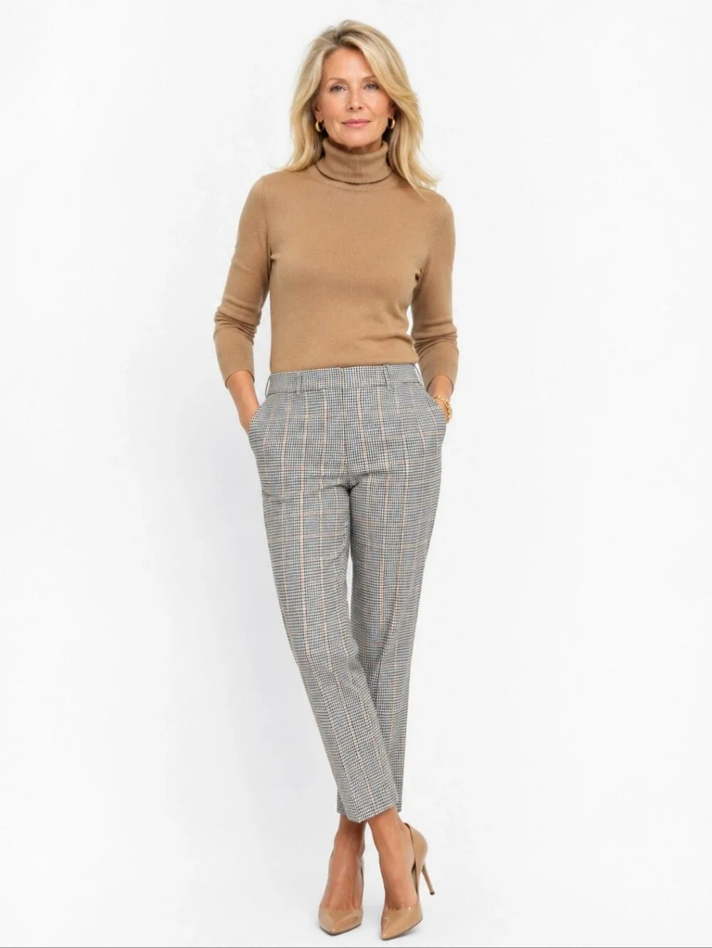 Talbots Hampshire Cropped Trousers Tan/ Black Houndstooth Academia Office Sz 12